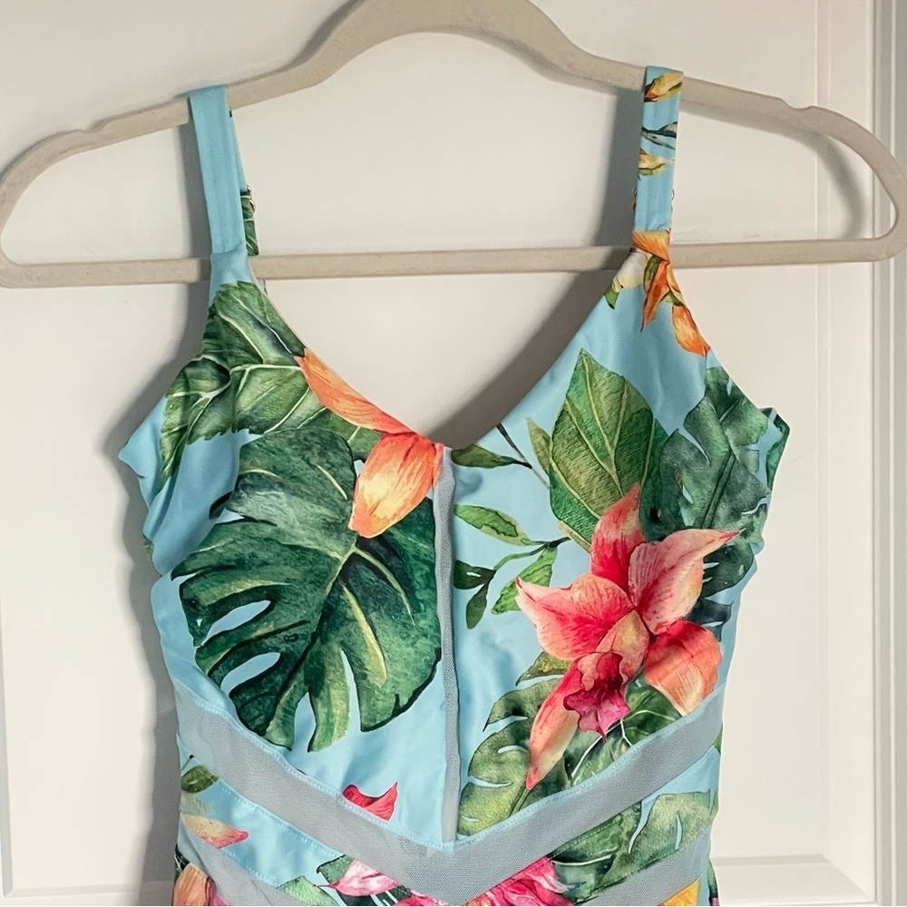 New! Leonisa Blue Floral Mesh Cutout Slimming One-Piece Swimsuit - 35123 - Picture 5 of 13